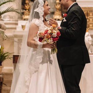 NWOT/never worn lace-trim tulle mantilla wedding veil unworn
